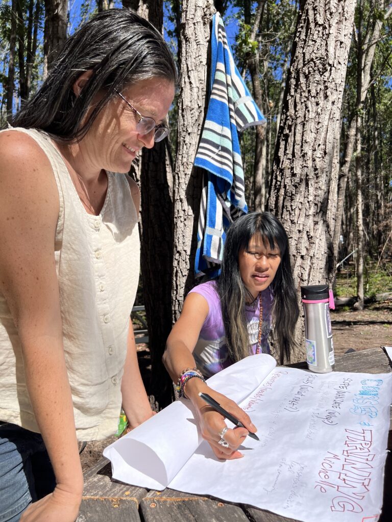 Two women writing notes in the Courses & Training Working Group at the Convergence for Intentional Communities